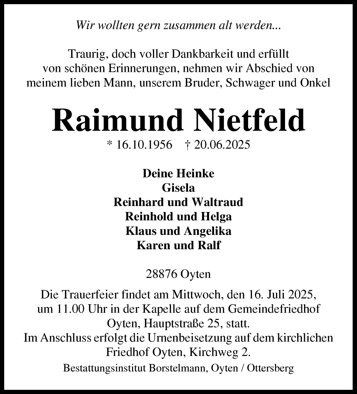Traueranzeige von Raimund Nietfeld von WESER-KURIER