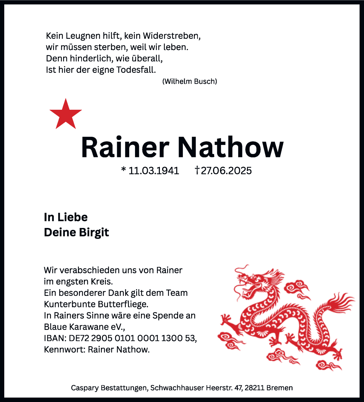 Traueranzeige von Rainer Nathow von WESER-KURIER