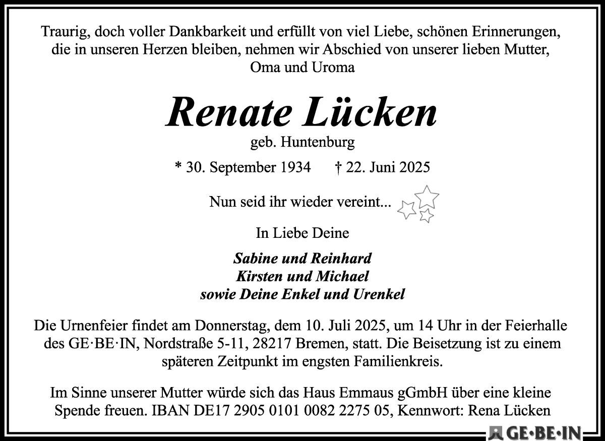Traueranzeige von Renate Lücken von WESER-KURIER