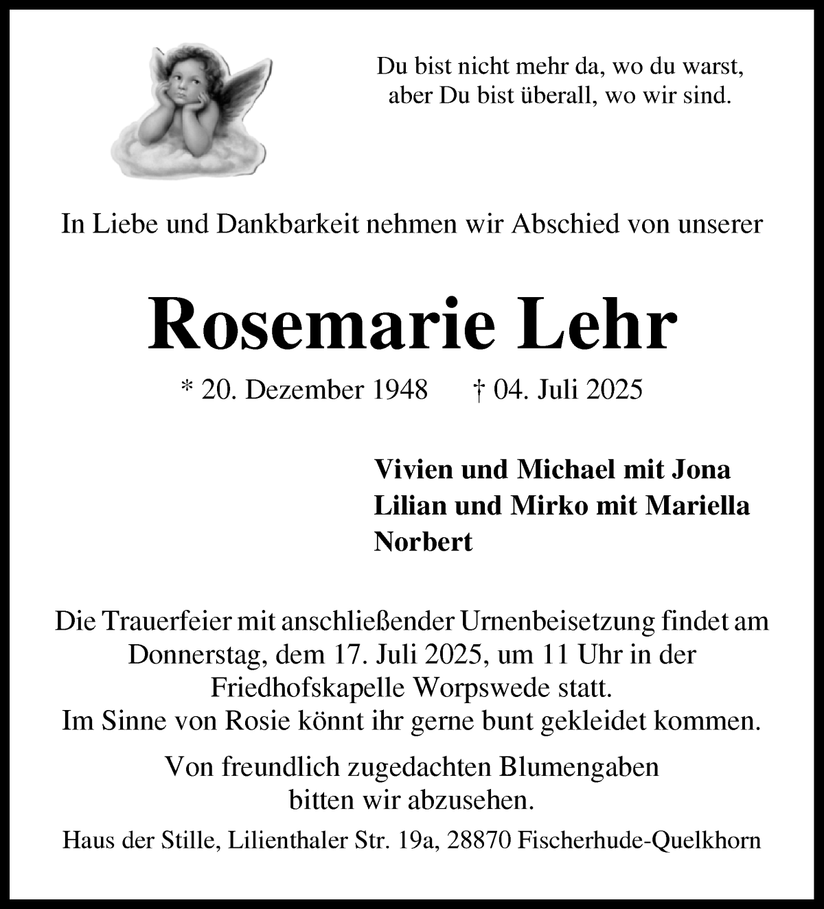 Traueranzeige von Rosemarie Lehr von Wuemme Zeitung