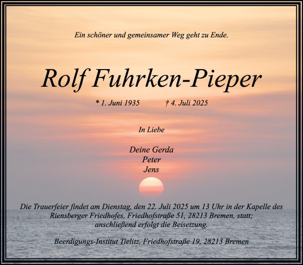 Traueranzeige von Rudolf Fuhrken-Pieper von WESER-KURIER