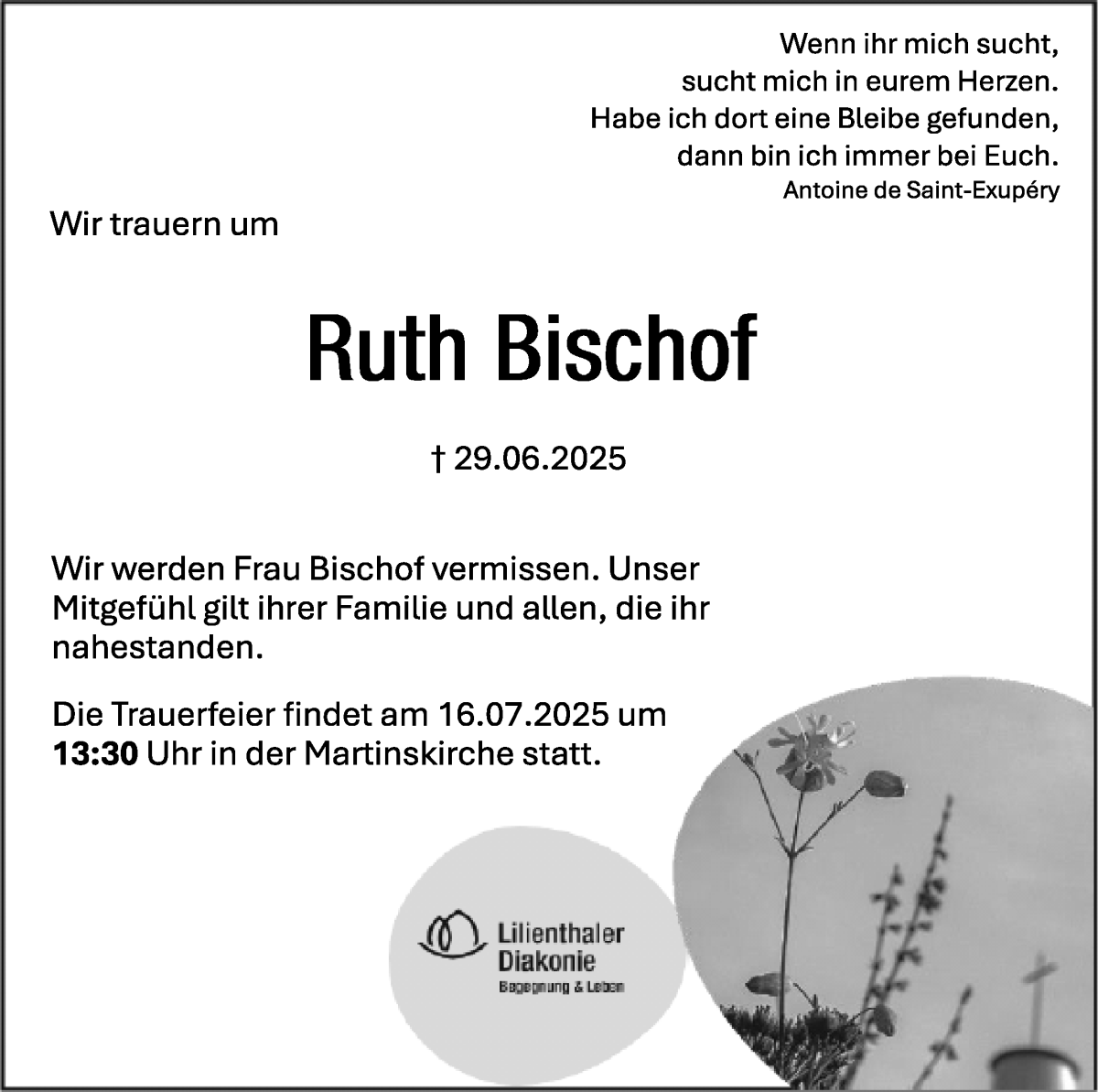 Traueranzeige von Ruth Bischof von Wuemme Zeitung