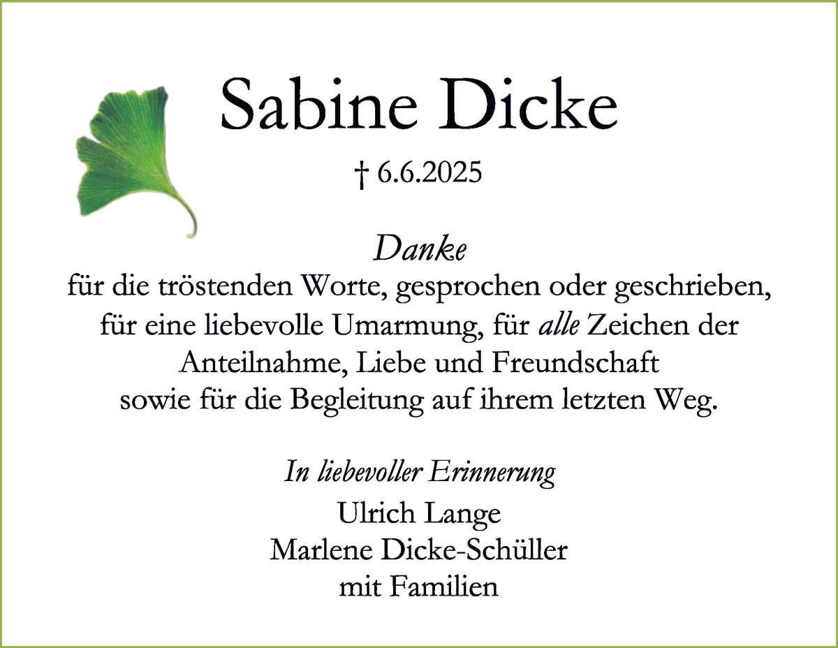 Traueranzeige von Sabine Dicke von WESER-KURIER