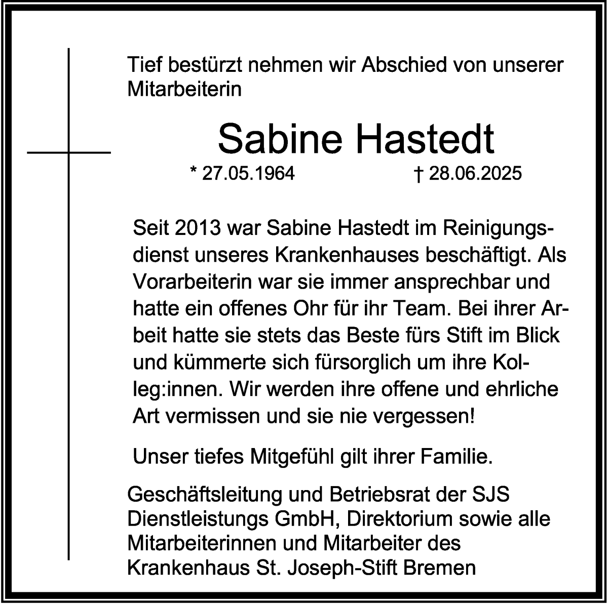 Traueranzeige von Sabine Hastedt von WESER-KURIER