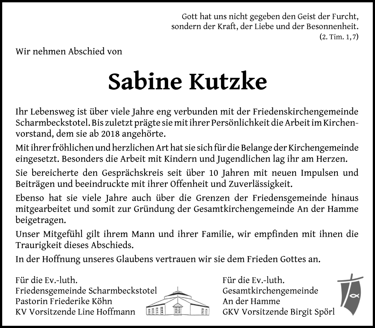 Traueranzeige von Sabine Kutzke von Osterholzer Kreisblatt