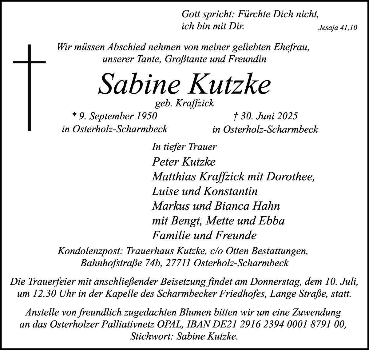 Traueranzeige von Sabine Kutzke von WESER-KURIER
