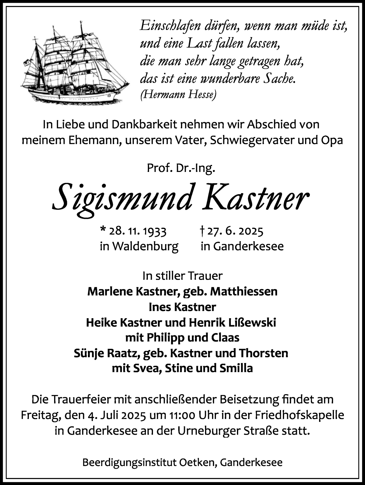 Traueranzeige von Sigismund Kastner von WESER-KURIER