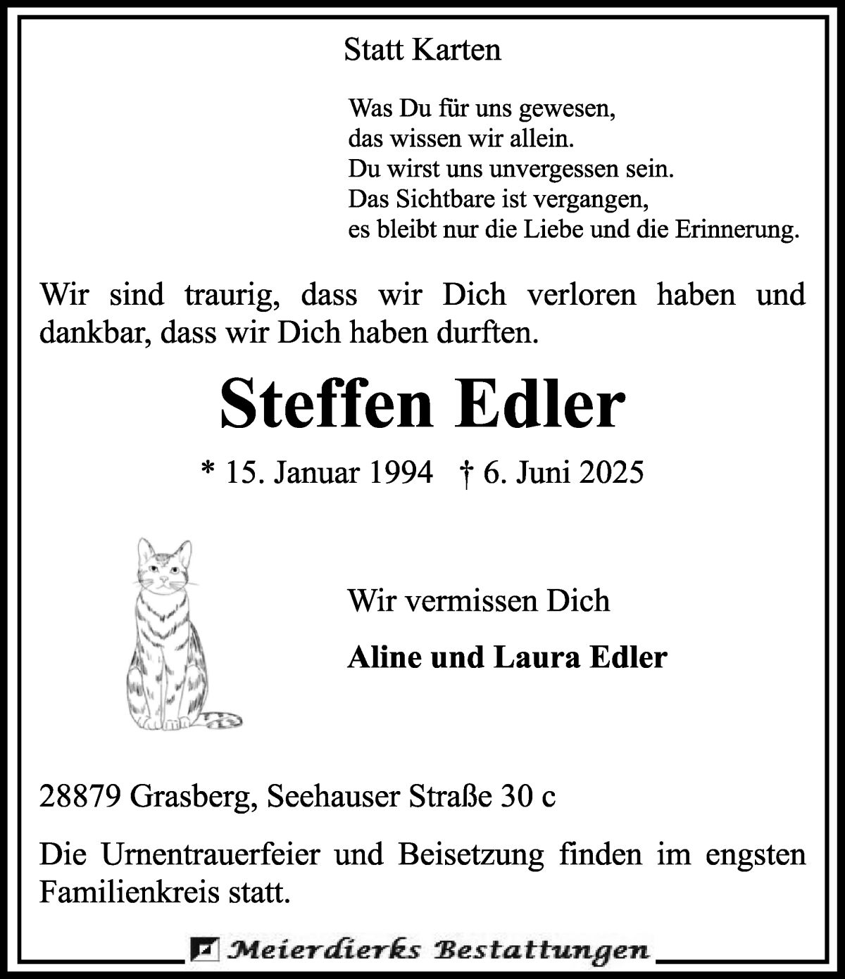 Traueranzeige von Steffen Edler von Wuemme Zeitung
