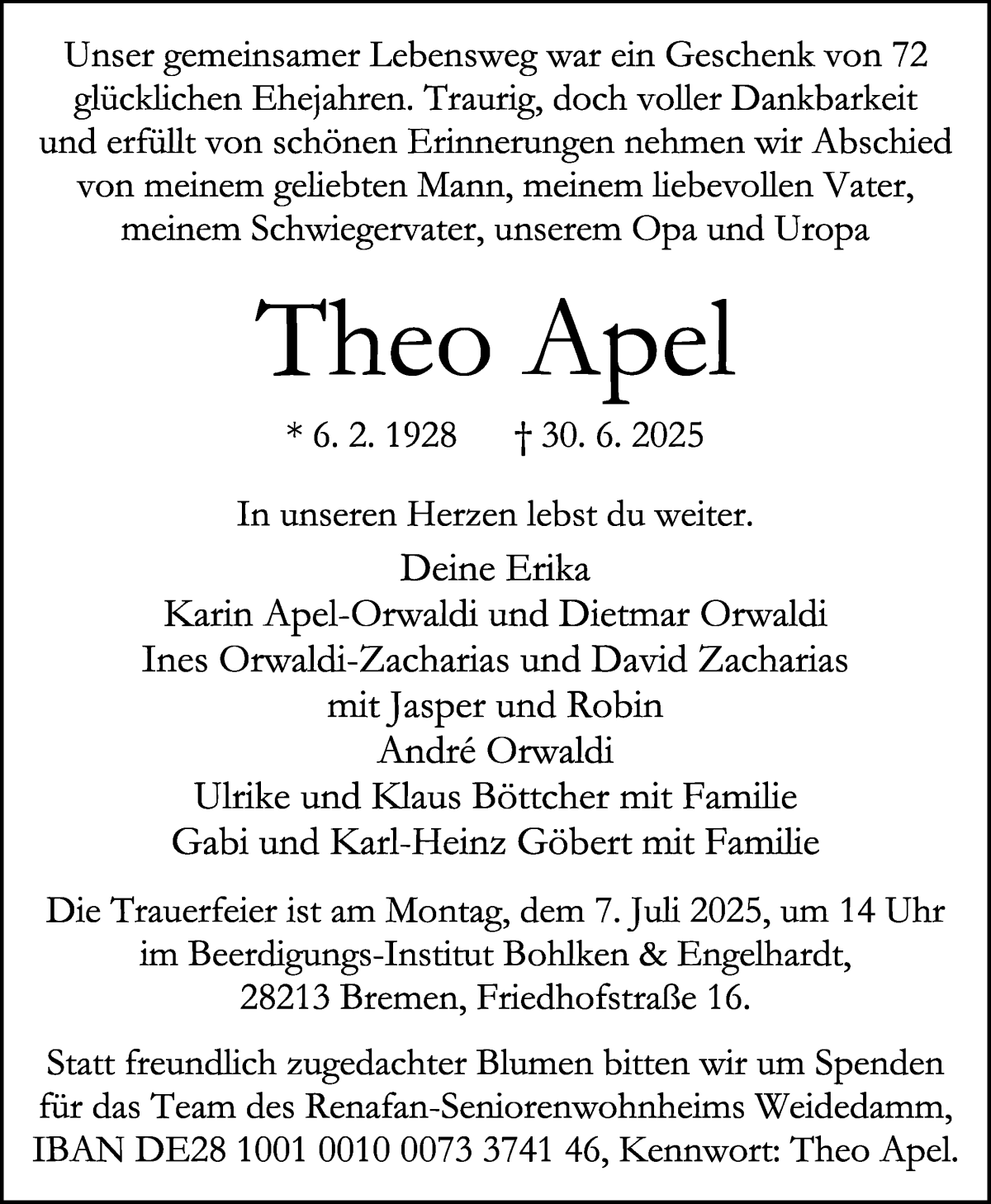 Traueranzeige von Theo Apel von WESER-KURIER