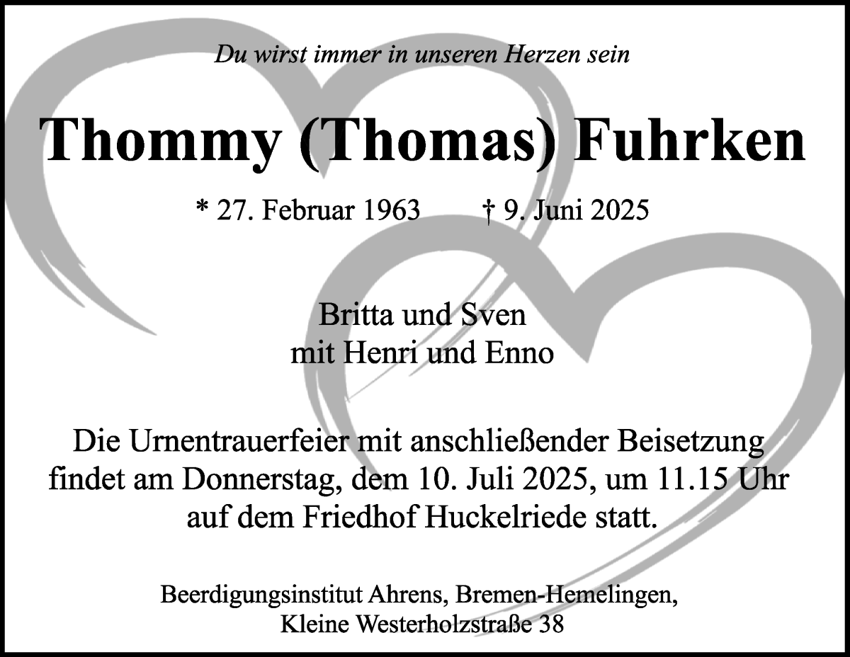 Traueranzeige von Thomas Fuhrken von WESER-KURIER