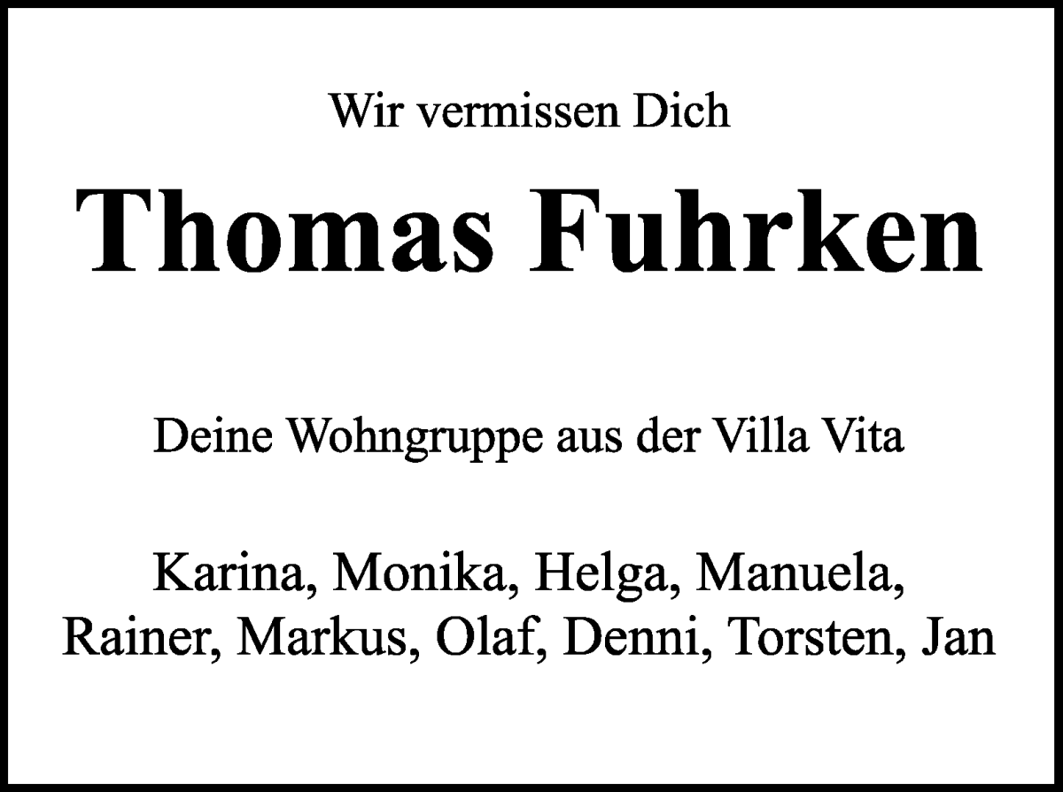 Traueranzeige von Thomas Fuhrken von WESER-KURIER