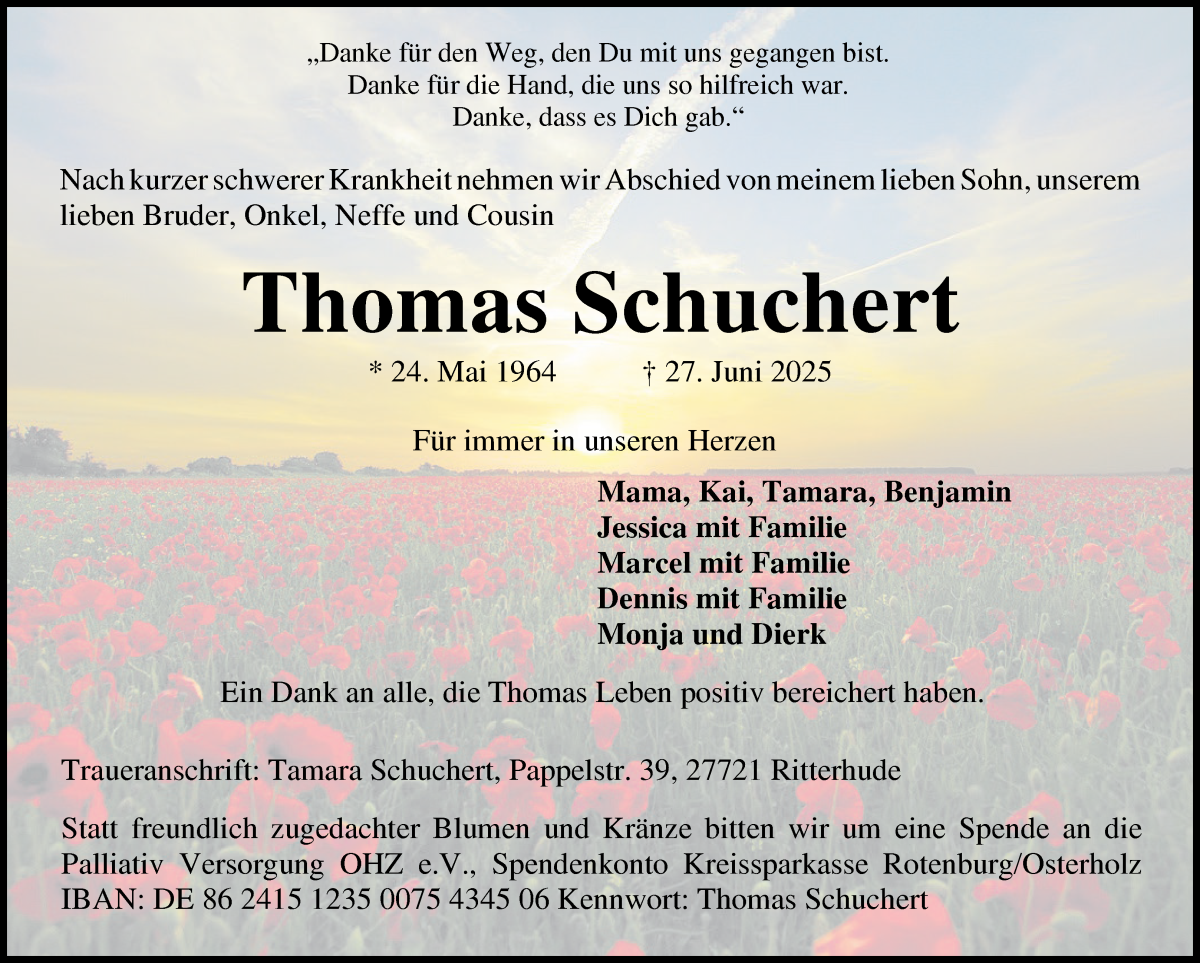 Traueranzeige von Thomas Schuchert von Osterholzer Kreisblatt