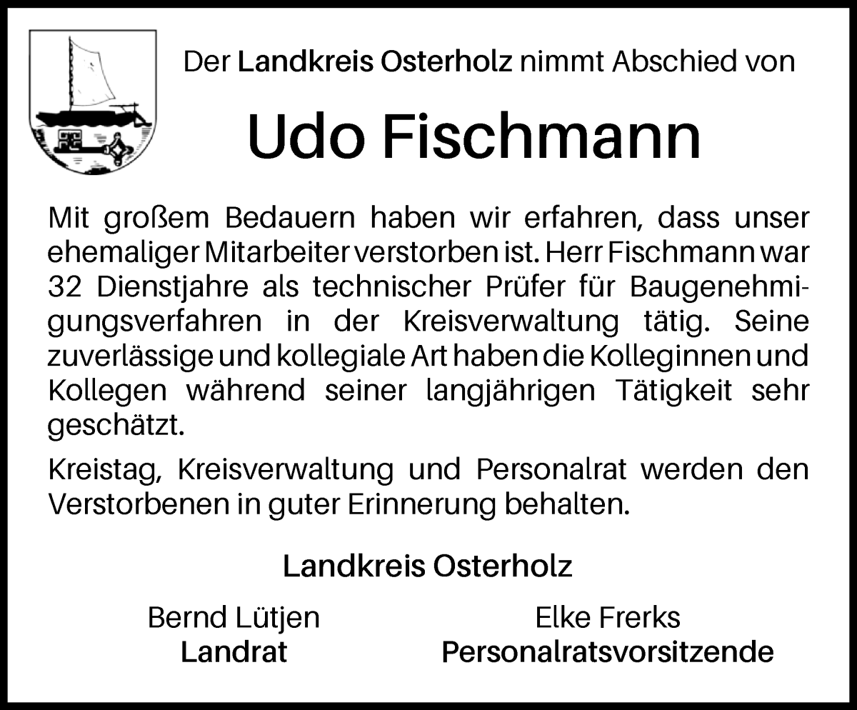 Traueranzeige von Udo Fischmann von Wuemme Zeitung