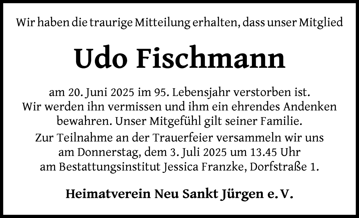 Traueranzeige von Udo Fischmann von Wuemme Zeitung