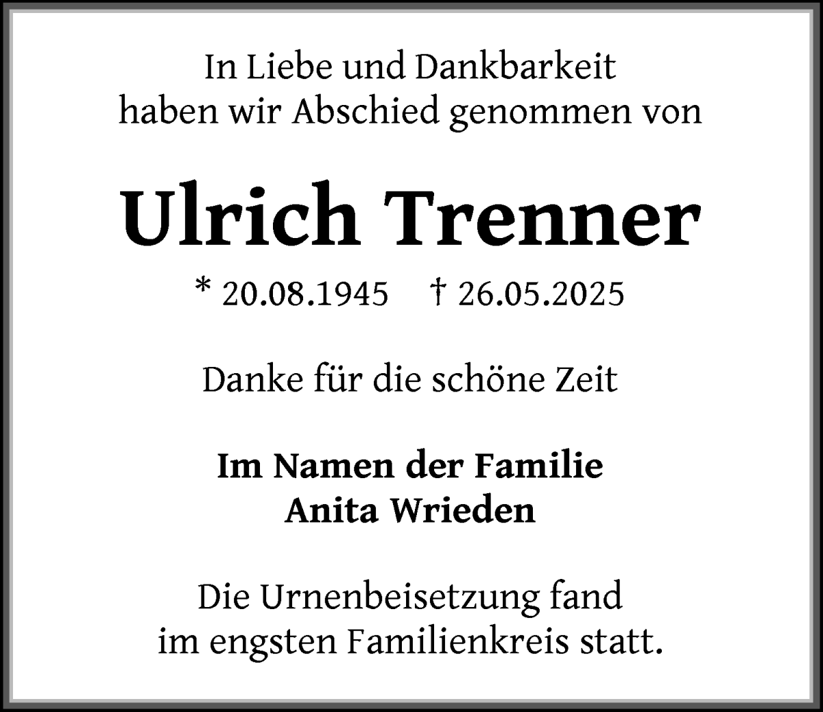 Traueranzeige von Ulrich Trenner von WESER-KURIER