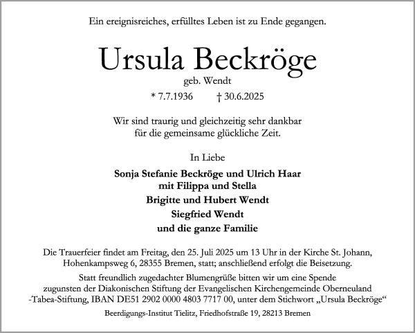 Traueranzeige von Ursula Beckröge von WESER-KURIER