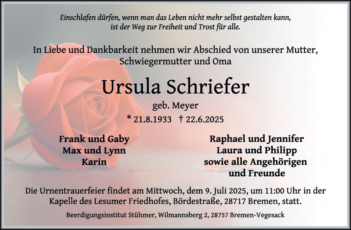 Traueranzeige von Ursula Schriefer von Die Norddeutsche