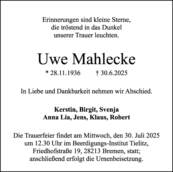 Traueranzeige von Uwe Mahlecke von WESER-KURIER