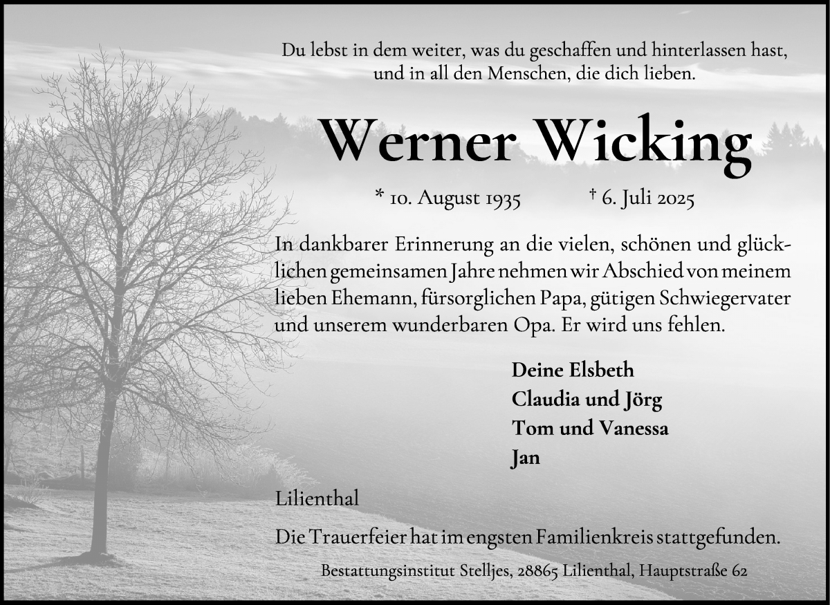 Traueranzeige von Werner Wicking von Wuemme Zeitung