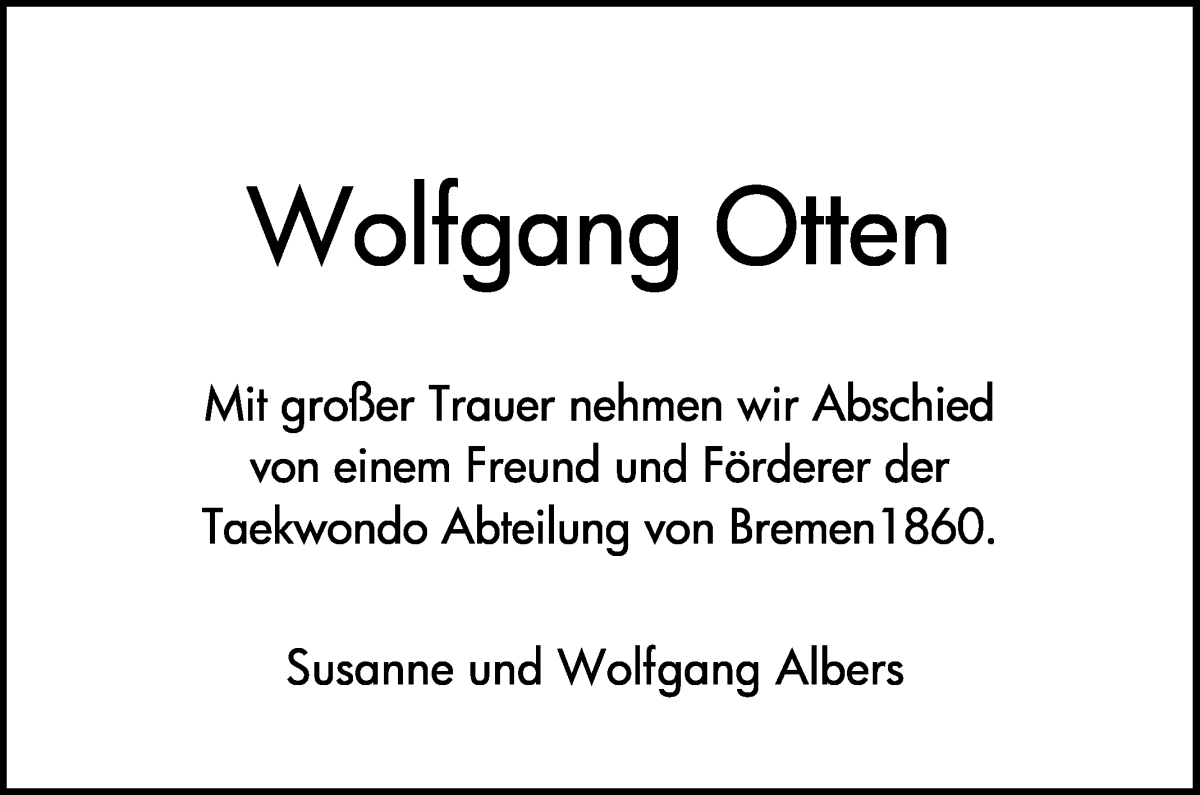Traueranzeige von Wolfgang Otten von WESER-KURIER