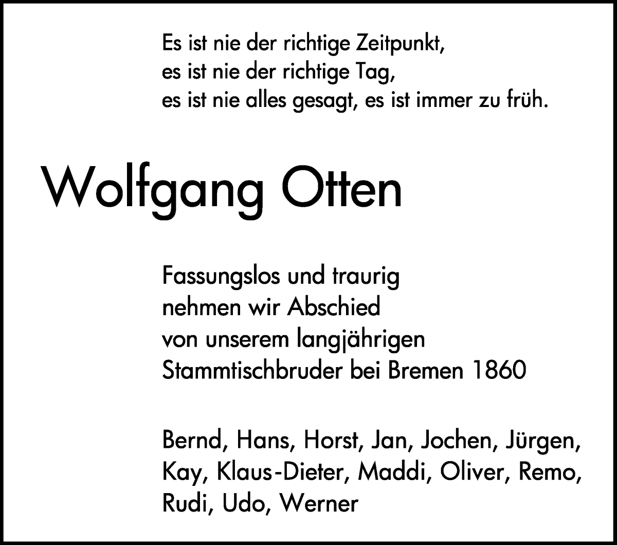 Traueranzeige von Wolfgang Otten von WESER-KURIER