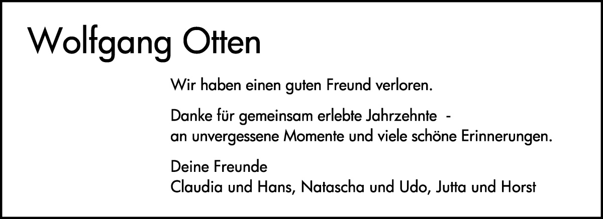 Traueranzeige von Wolfgang Otten von WESER-KURIER