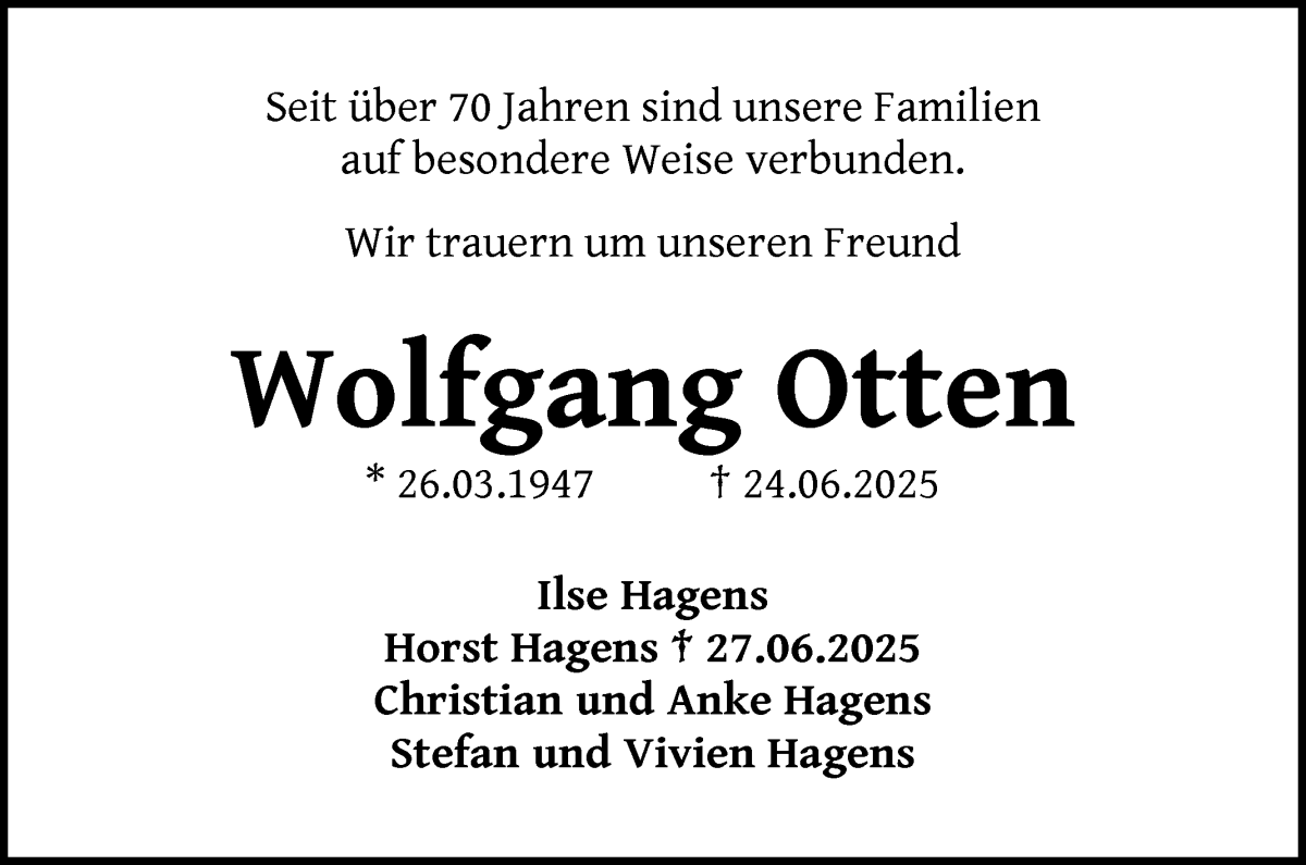 Traueranzeige von Wolfgang Otten von WESER-KURIER