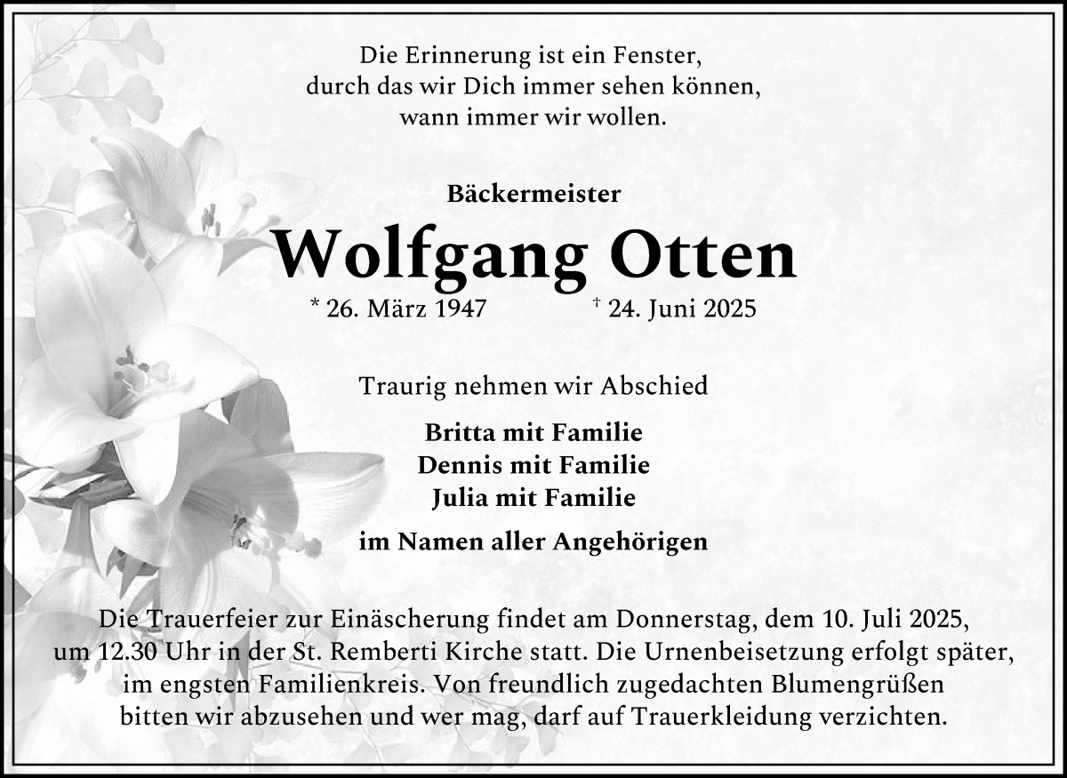 Traueranzeige von Wolfgang Otten von WESER-KURIER