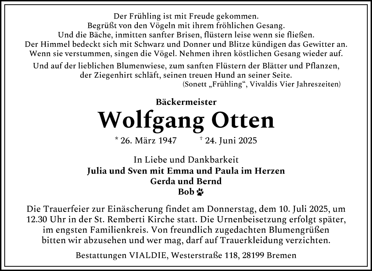 Traueranzeige von Wolfgang Otten von WESER-KURIER