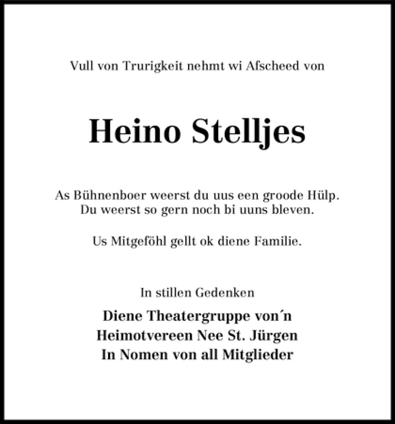 Traueranzeige von Heino Stelljes von WESER-KURIER