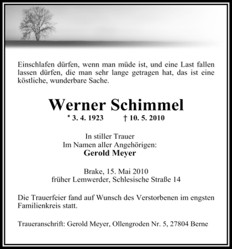 Traueranzeige von Werner Schimmel von WESER-KURIER