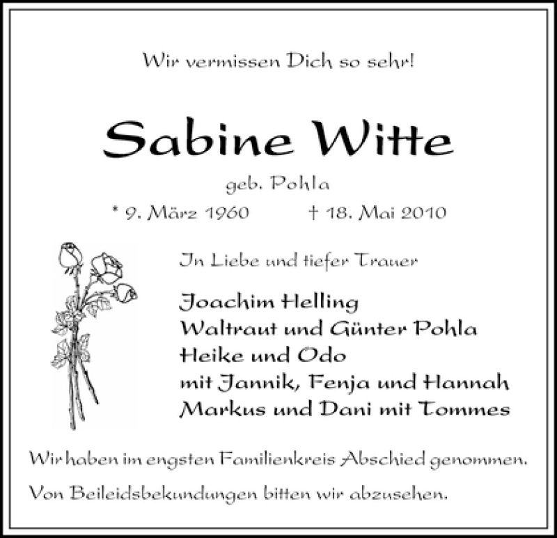Traueranzeige von Sabine Witte von WESER-KURIER