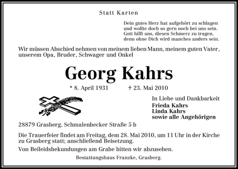 Traueranzeige von Georg Kahrs von WESER-KURIER
