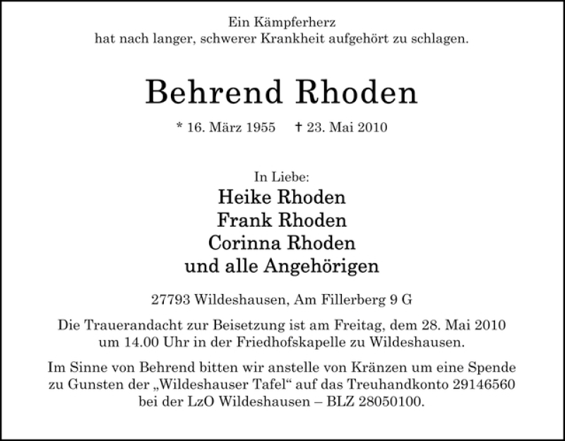 Traueranzeige von Behrend Rhoden von WESER-KURIER