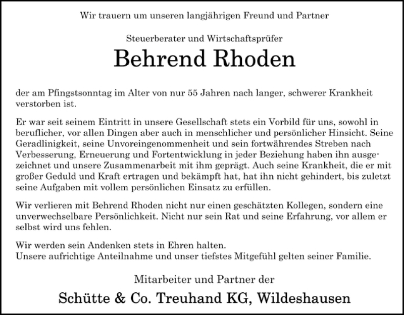 Traueranzeige von Behrend Rhoden von WESER-KURIER