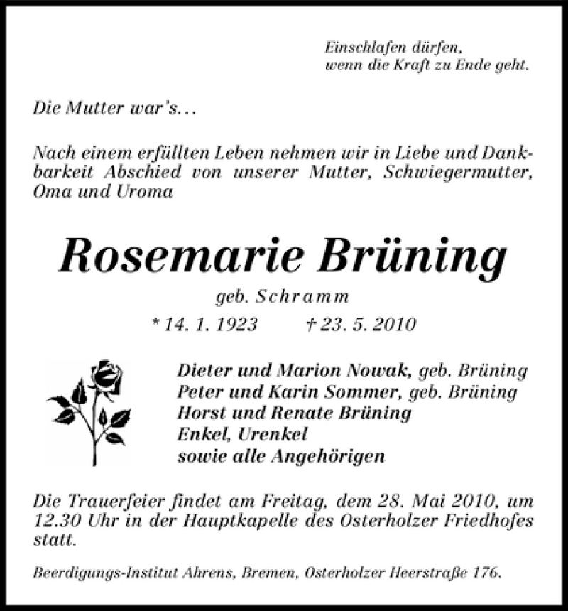 Traueranzeige von Rosemarie Brüning von WESER-KURIER