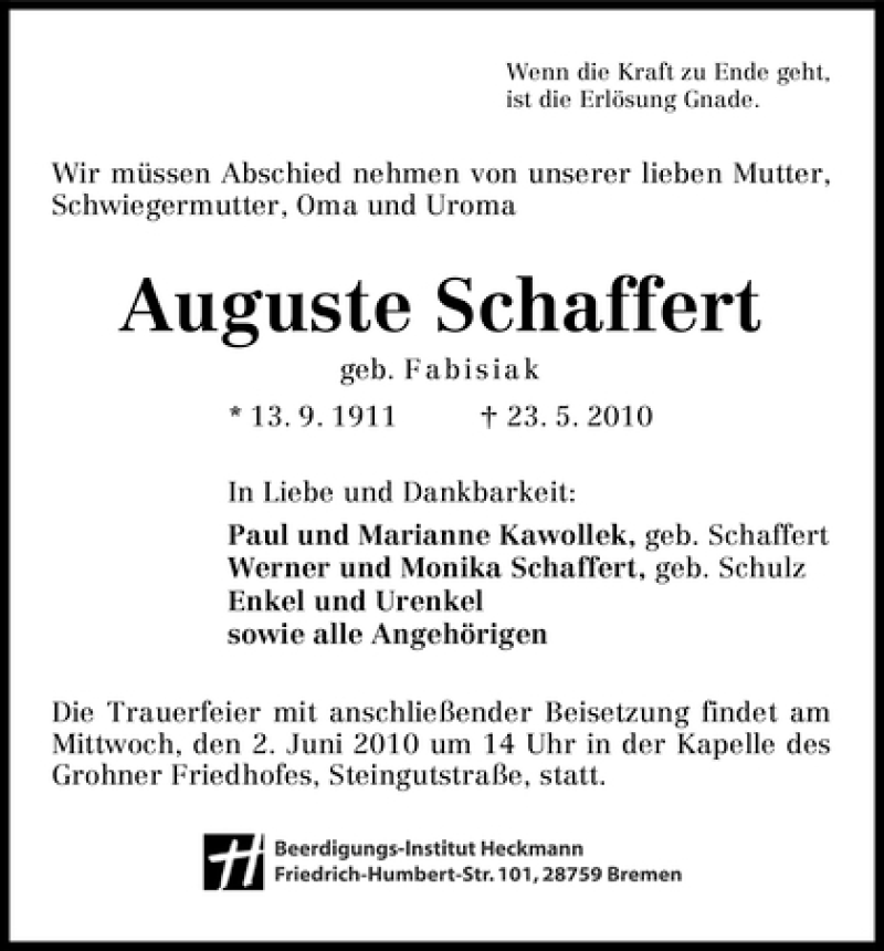 Traueranzeige von Auguste Schaffert von WESER-KURIER