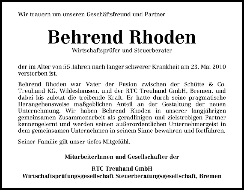Traueranzeige von Behrend Rhoden von WESER-KURIER