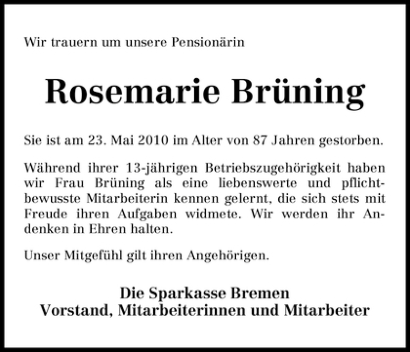 Traueranzeige von Rosemarie Brüning von WESER-KURIER