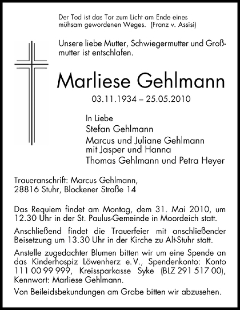 Traueranzeige von Marliese Gehlmann von WESER-KURIER