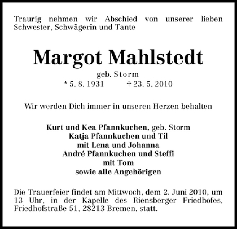 Traueranzeige von Margot Mahlstedt von WESER-KURIER
