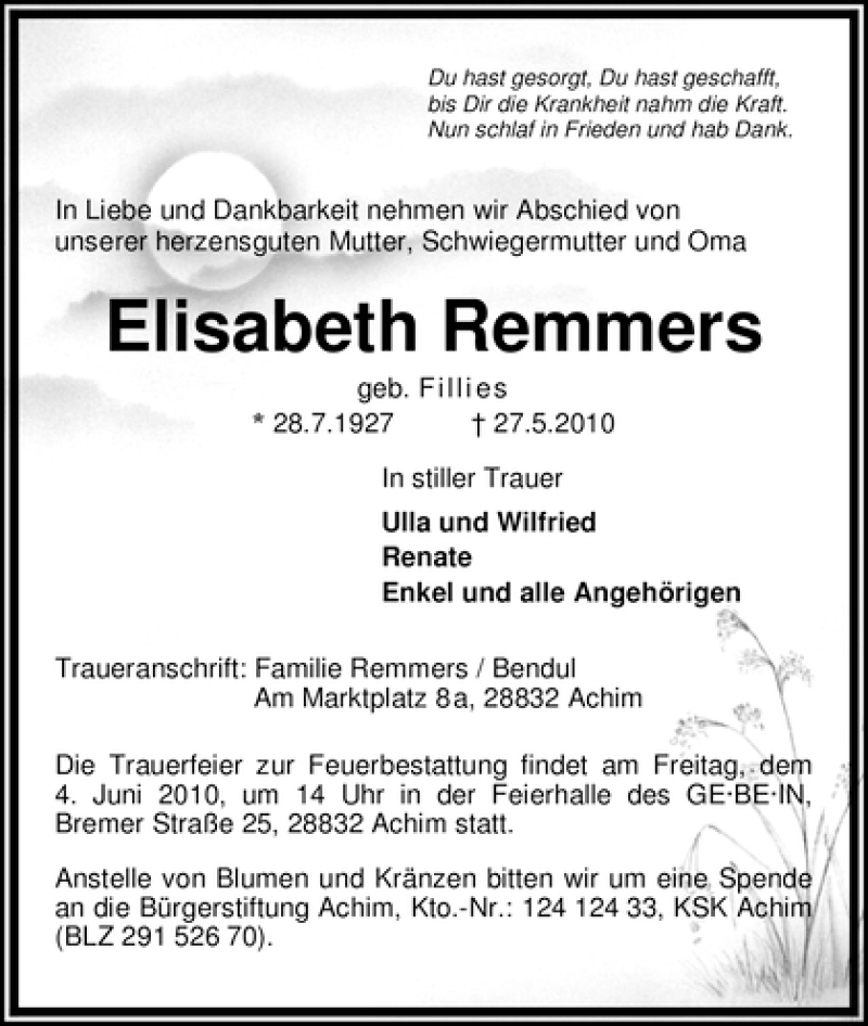 Traueranzeige von Elisabeth Remmers von WESER-KURIER
