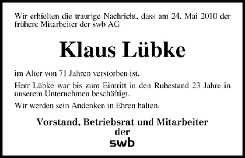 Traueranzeige von Klaus Lübke von WESER-KURIER