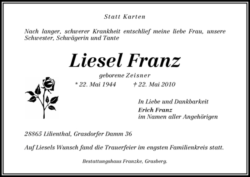 Traueranzeige von Liesel Franz von WESER-KURIER