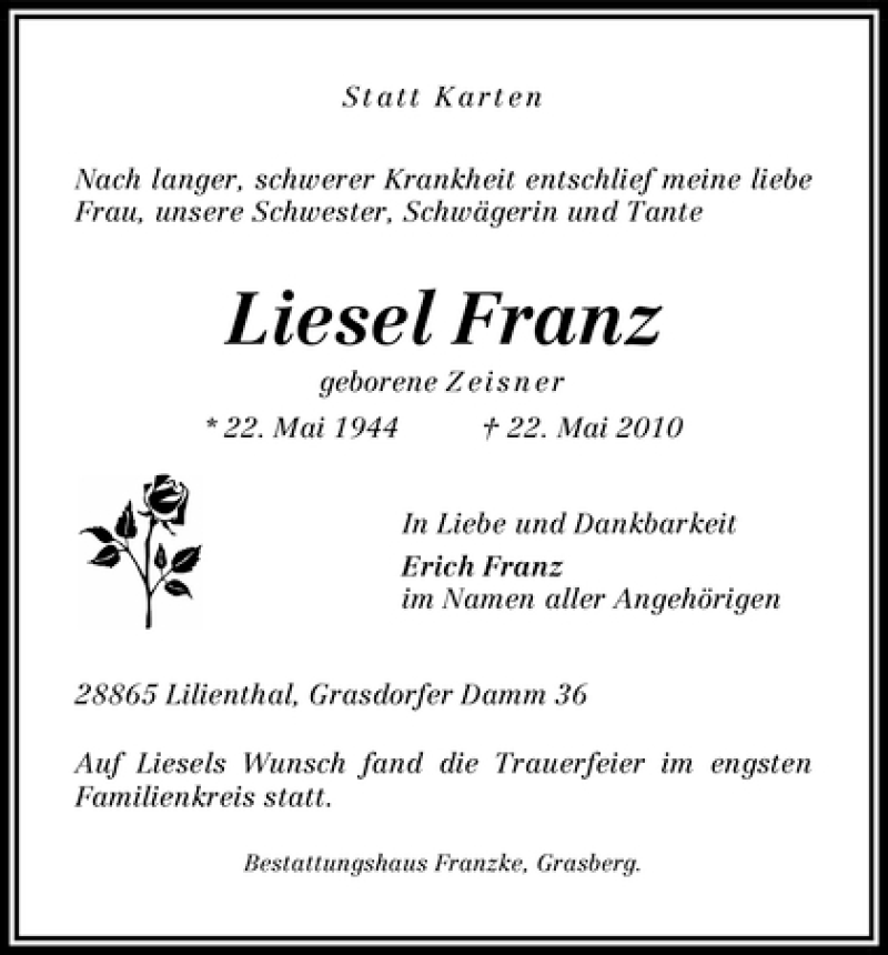 Traueranzeige von Liesel Franz von WESER-KURIER