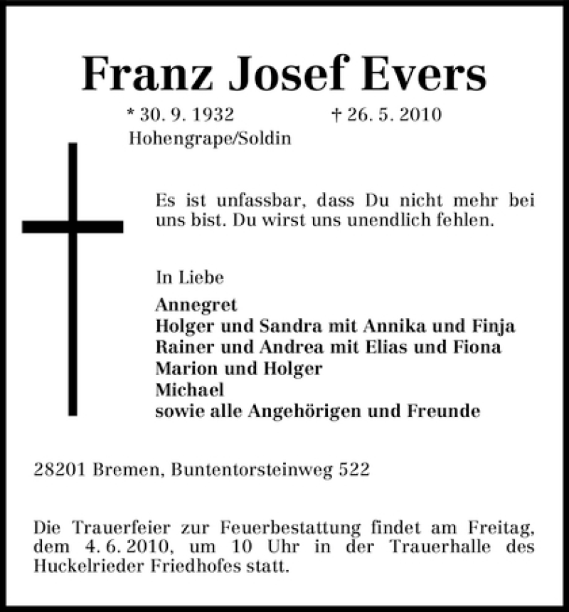 Traueranzeige von Franz Josef Evers von WESER-KURIER