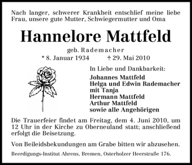 Traueranzeige von Hannelore Mattfeld von WESER-KURIER