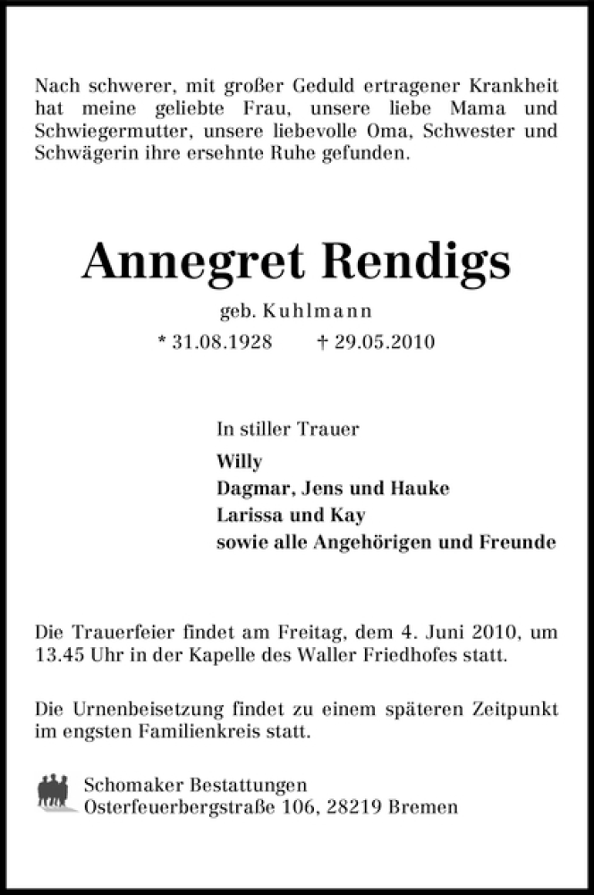 Traueranzeige von Annegret Rendigs von WESER-KURIER