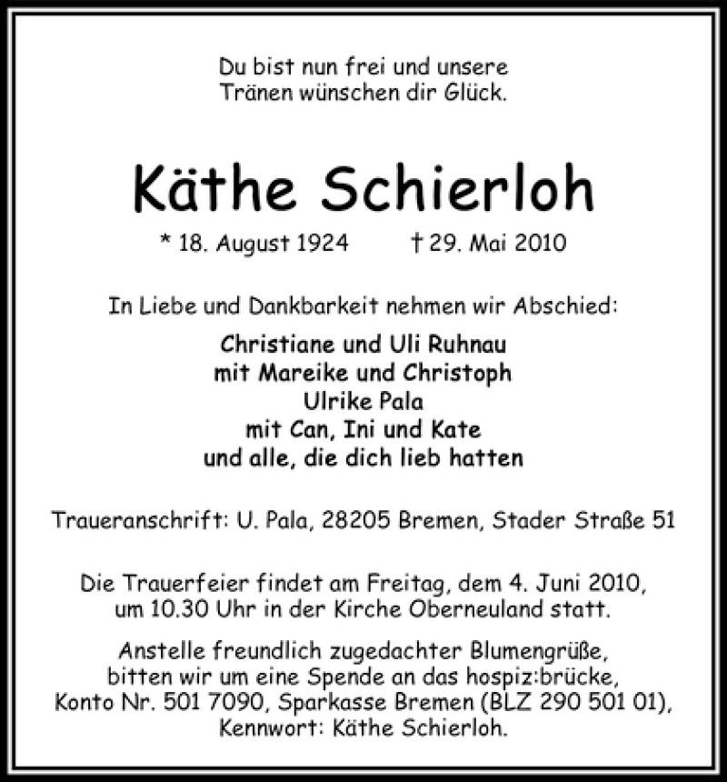 Traueranzeige von Käthe Schierloh von WESER-KURIER