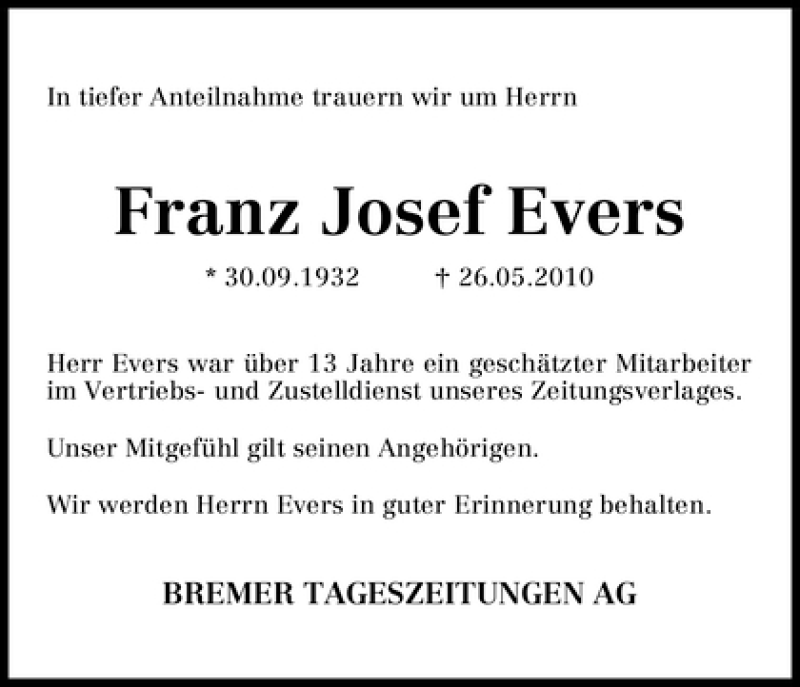 Traueranzeige von Franz Josef Evers von WESER-KURIER